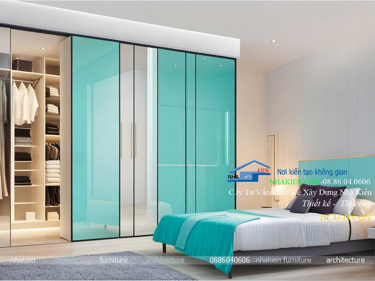 Thiết kế nội thất phòng Ngủ hiện đại với tủ áo cửa lùa bằng kính